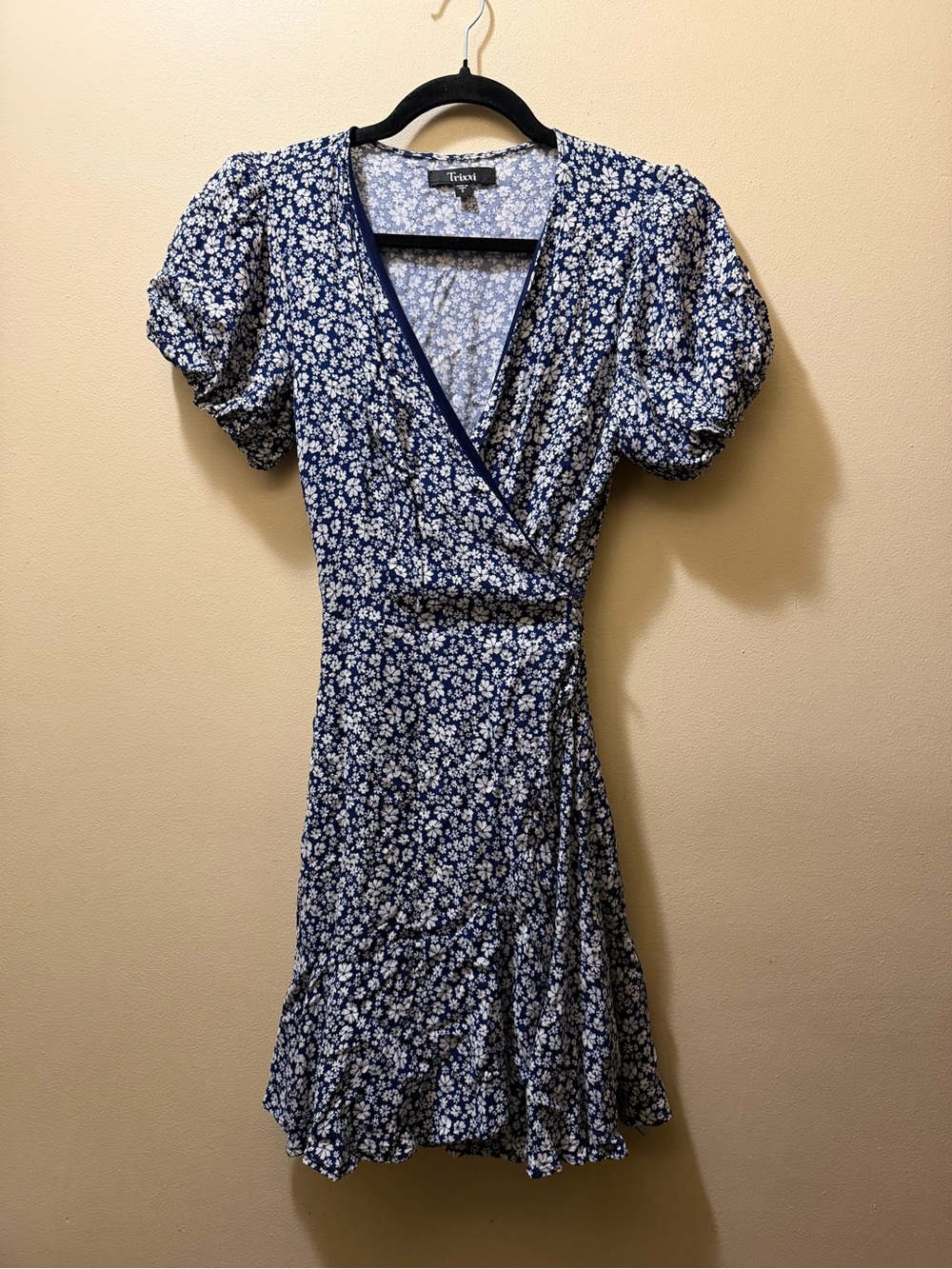 Trixxi Navy Blue Floral Wrap Dress with Puff Sleeves